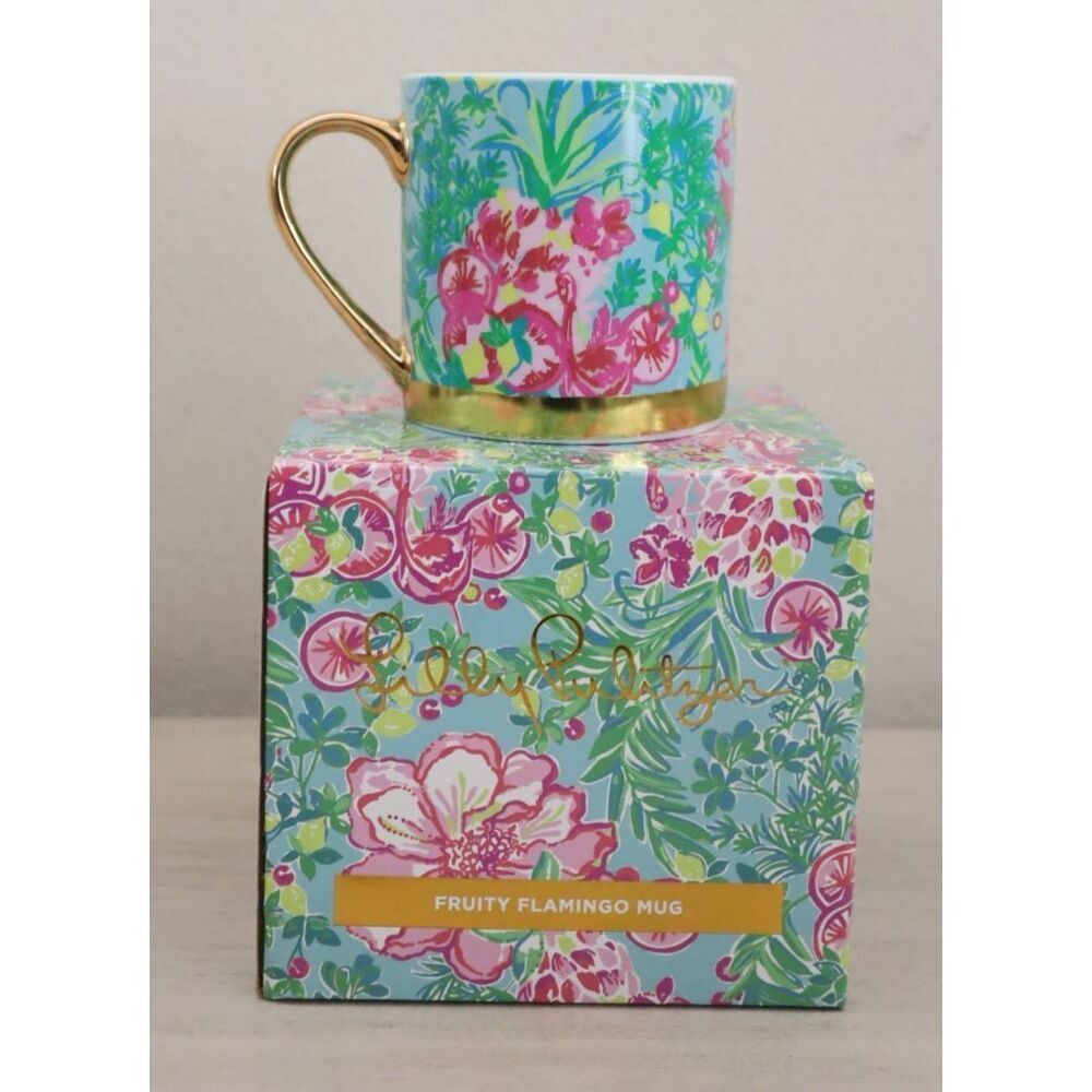 Lilly Pulitzer 12oz Sea Salt Blue Fruity Flamingo Coffee Mug Cup - New In Box